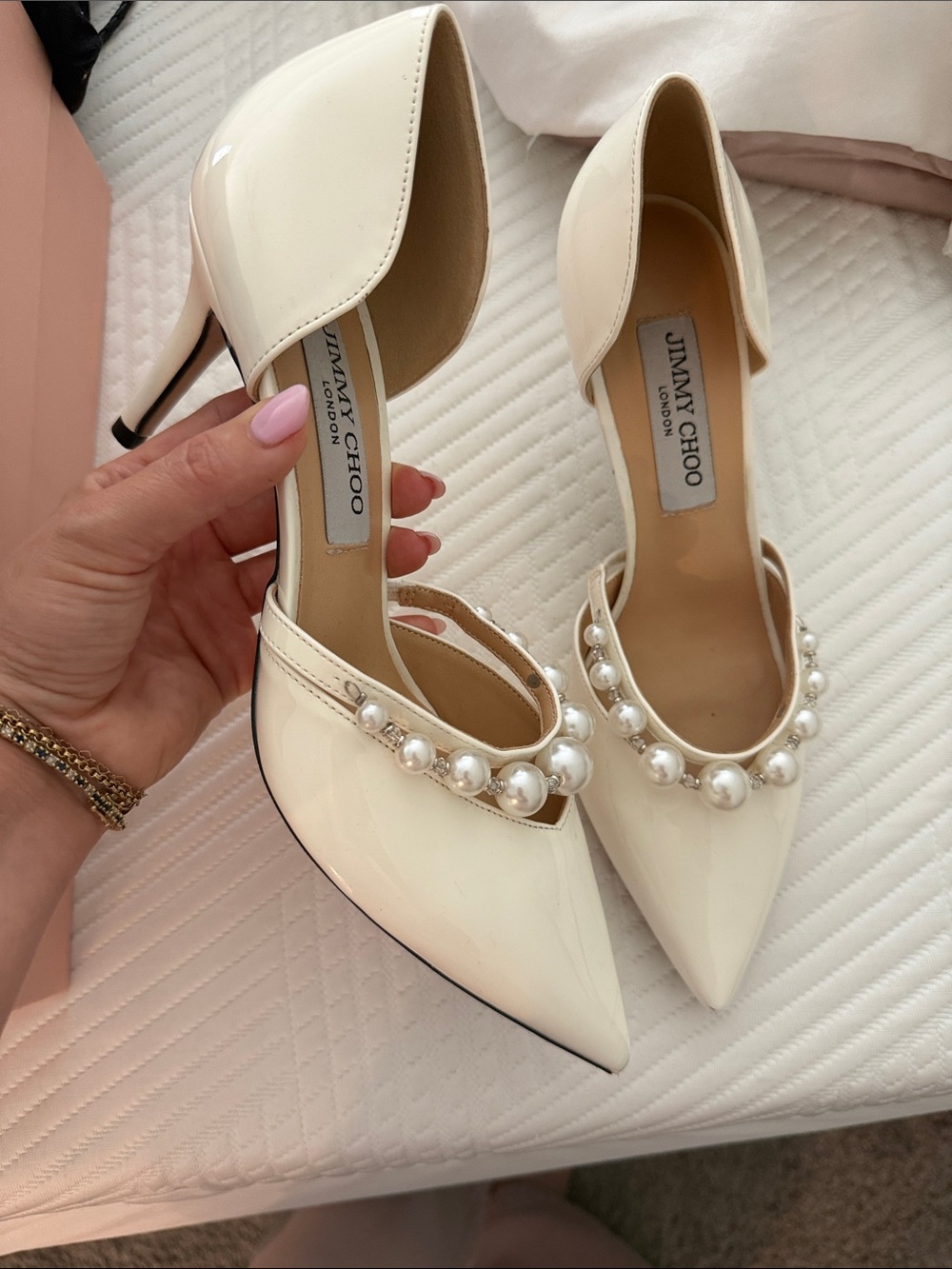 Jimmy Choo Ivory Patent Pointed-Toe Heels with Pearl Strap - Picture 2 of 2